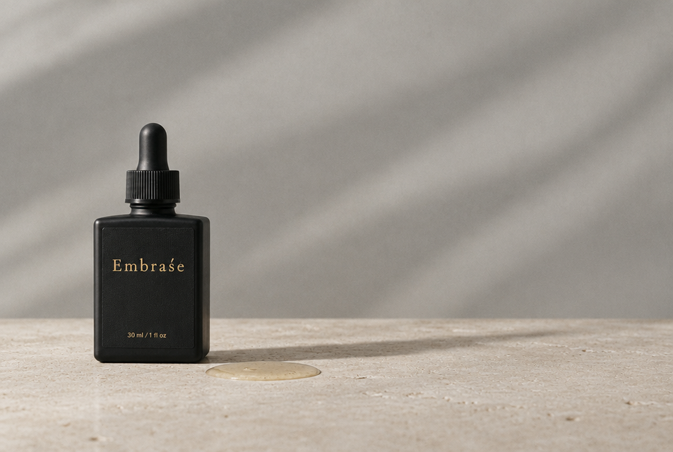 EMBRAŚE Bakuchiol Anti-Aging Serum bottle on travertine