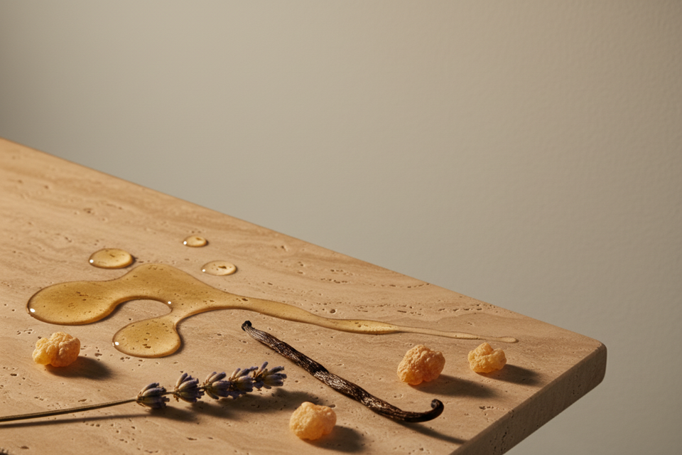Pale gold botanical oil with frankincense, lavender and vanilla on travertine