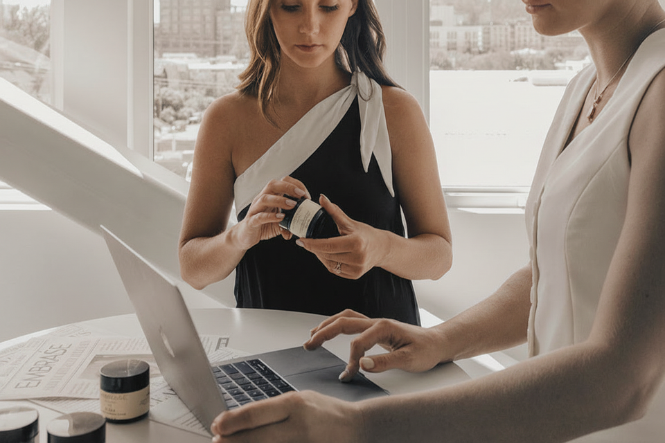 Two women reviewing EMBRAŚE jars at a laptop by a window
